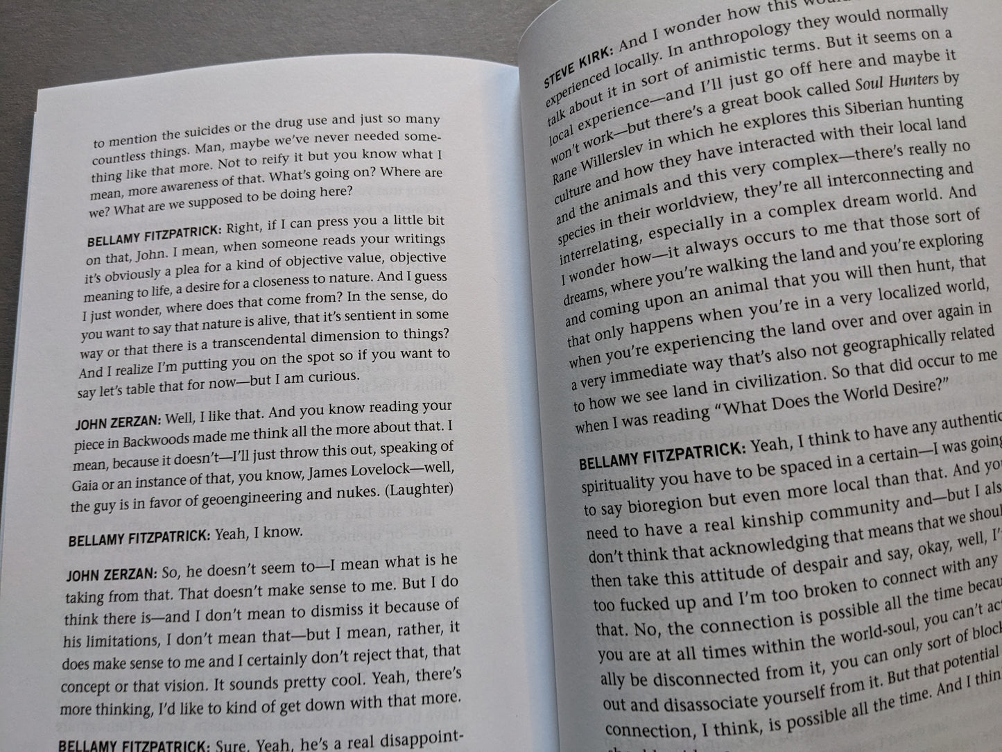 Dialogue excerpt from When We Are Human by John Zerzan – conversation with Bellamy Fitzpatrick