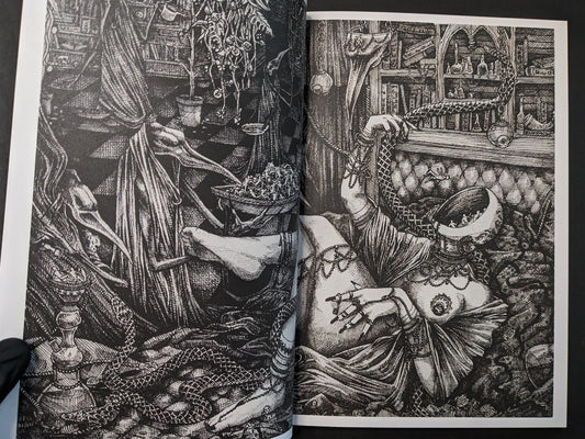 Interior spread from Where Shadows Breathe: The Art of Melf, dense black-and-white illustration with figures, animals, and ornamental detail.