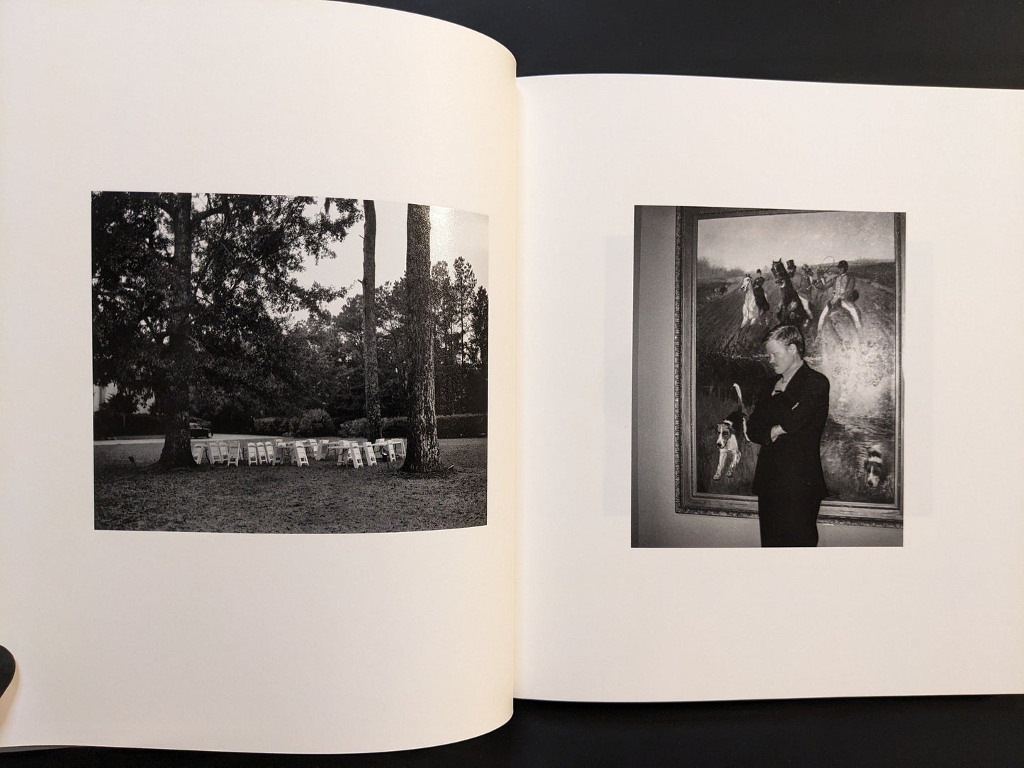 Spread from i shall sing these songs beautifully with two monochrome photographs — portrait in a museum and outdoor park scene.