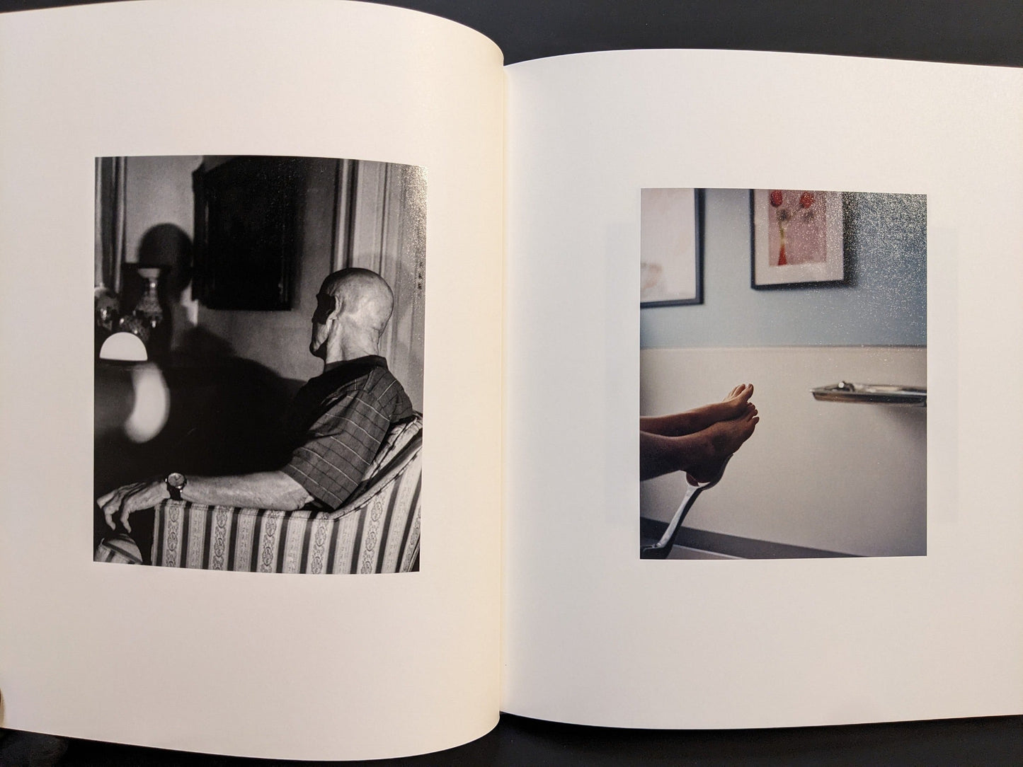 Interior spread combining portrait of an elderly man and colour photograph of feet, from i shall sing these songs beautifully.