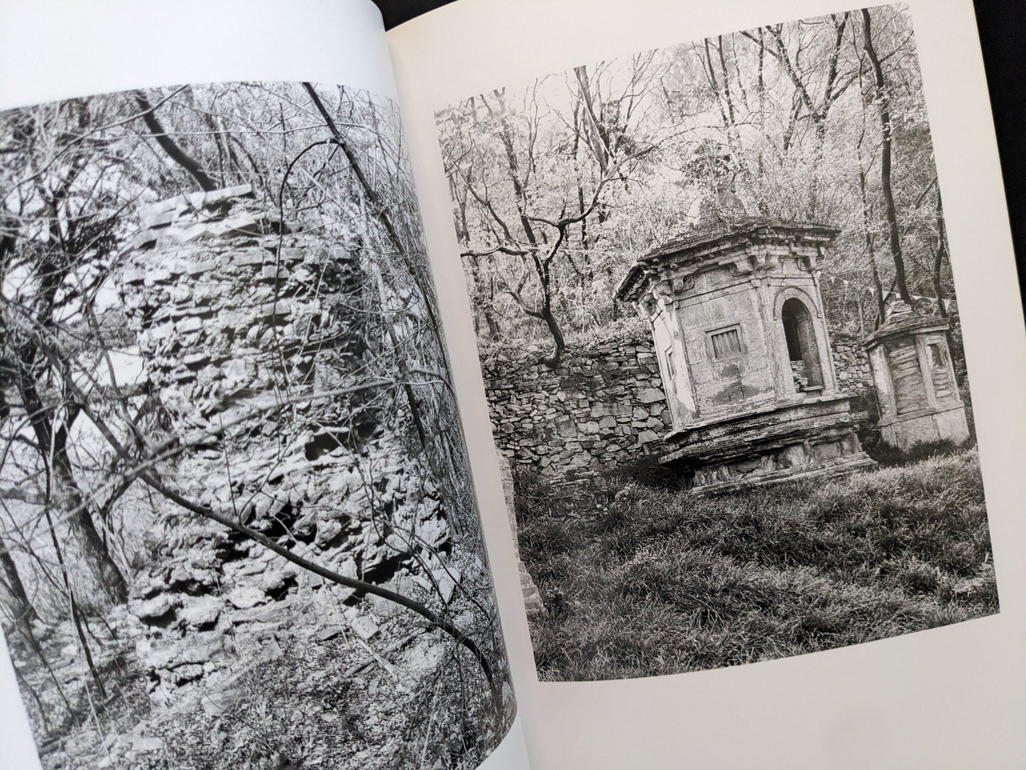 Pages from The Ancient Towers photobook with images of stone pagodas among trees.