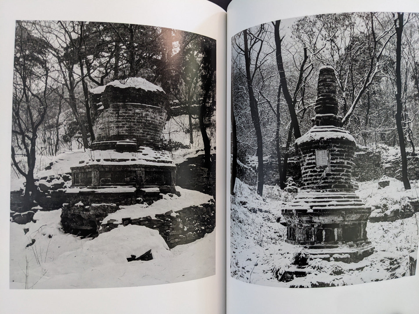 Buddhist pagodas photographed in winter landscapes, interior pages of The Ancient Towers.