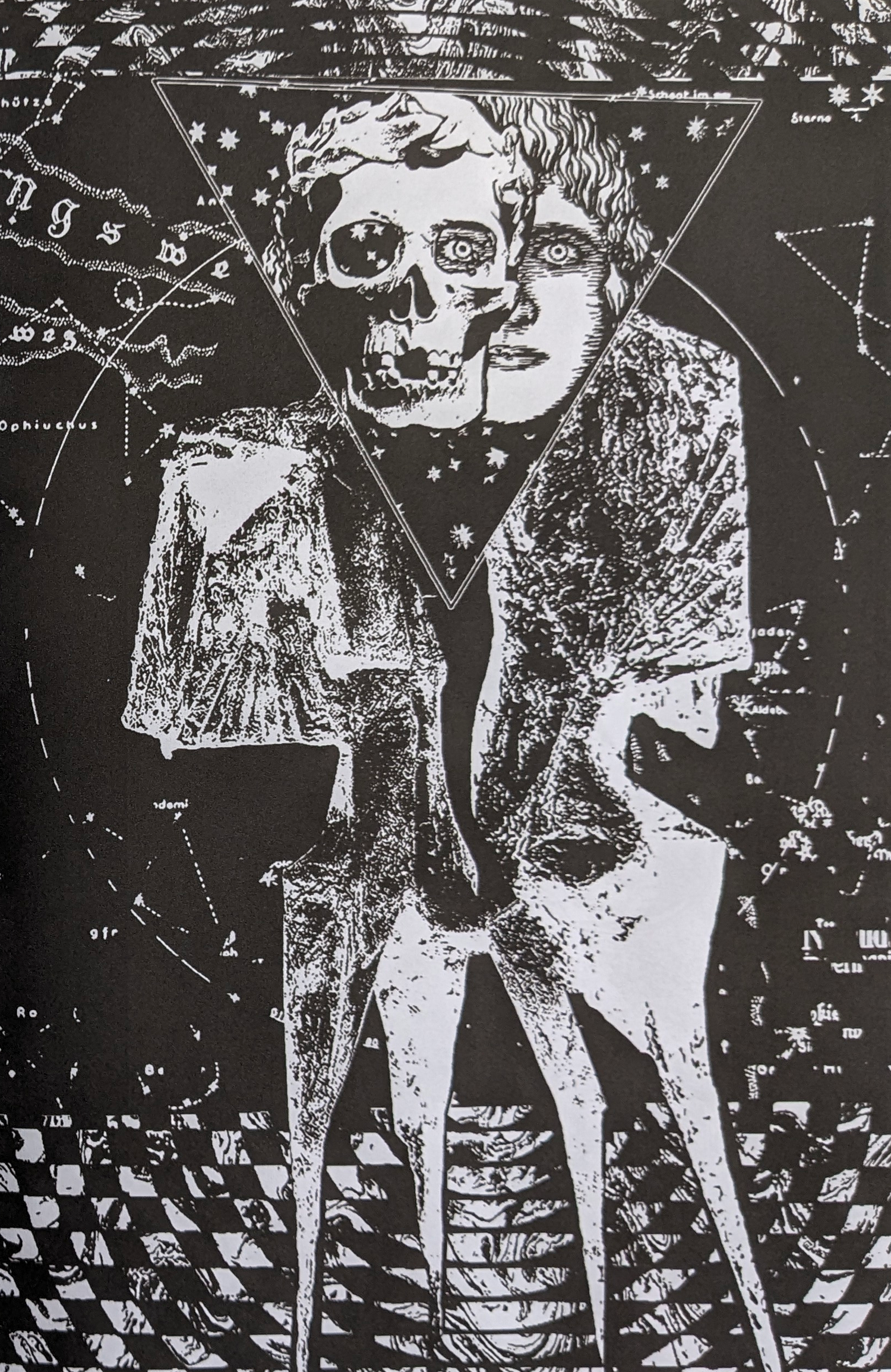 Black-and-white occult collage with a skull-faced figure, a triangular frame, and star maps.