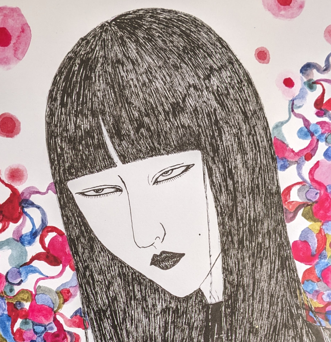Illustrated woman with straight black hair and dark lipstick, surrounded by colorful abstract circles.