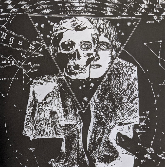 Black-and-white occult-style illustration with a skull-faced figure, a triangular frame, and star maps in the background.