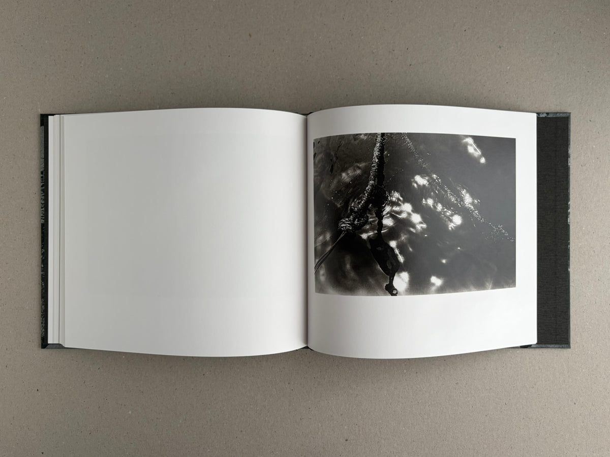 Open hardcover book showing a blank left page and a black-and-white photograph on the right page from 1980s Remnants by Daido Moriyama.
