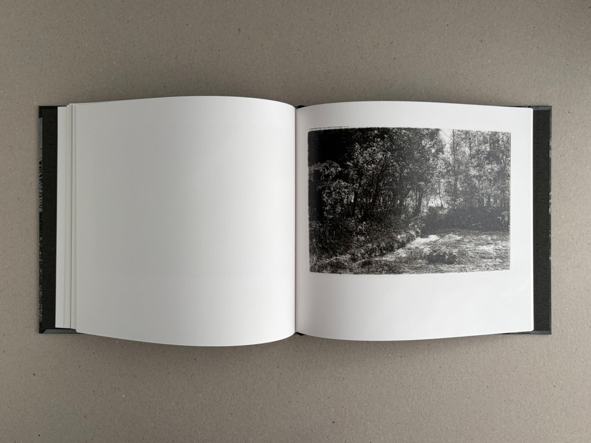 Open spread of 1980s Remnants by Daido Moriyama, showing a black-and-white landscape photograph on the right-hand page and a blank left-hand page.