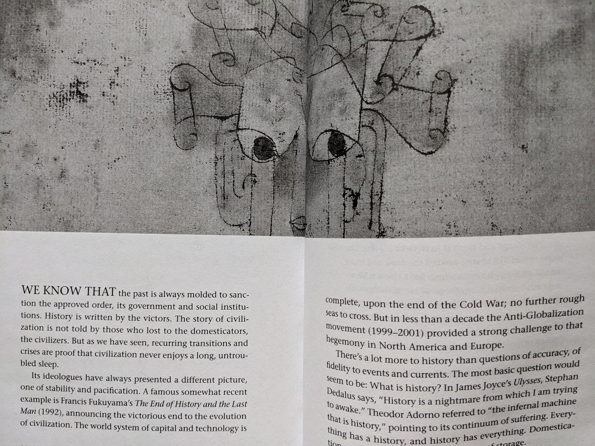 Spread from A People’s History of Civilization – Paul Klee's "Angelus Novus" and reflection on history and anti-globalization