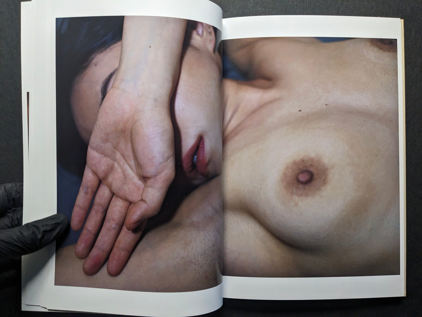 Interior spread showing a close-up of a face and hand alongside a cropped bare torso photograph.