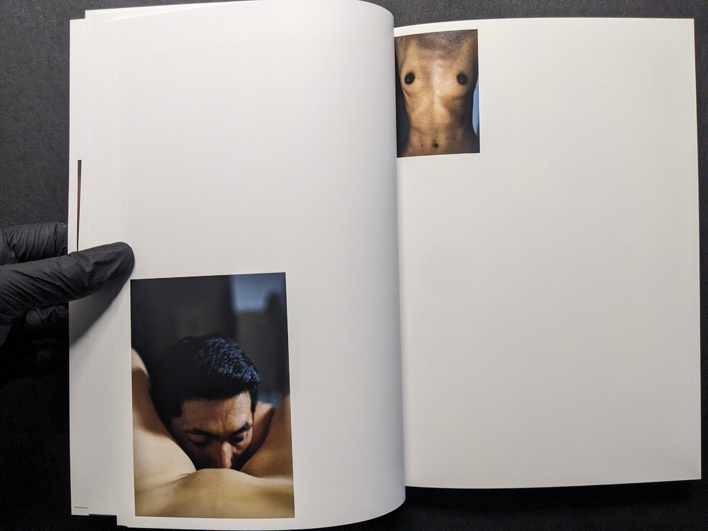 Interior spread with two small photographs: a face in close-up and a cropped bare torso.