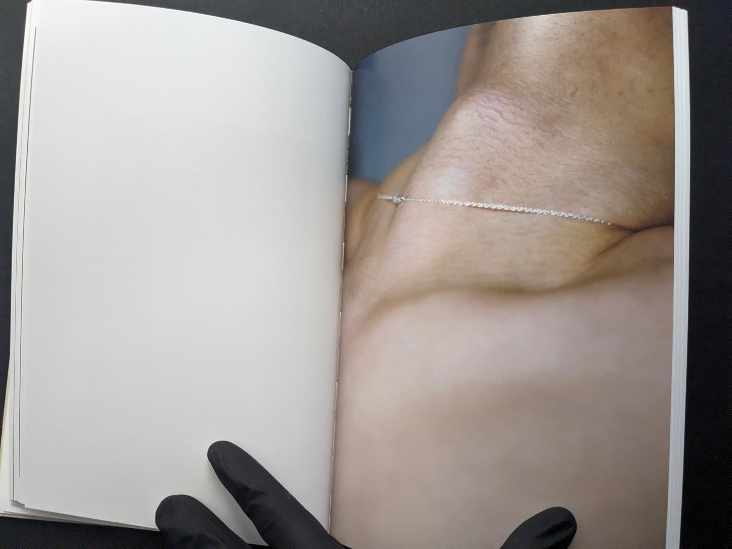 Interior photograph from A Season Particular by Shen Wei, close-up of neck and shoulder with a delicate chain.