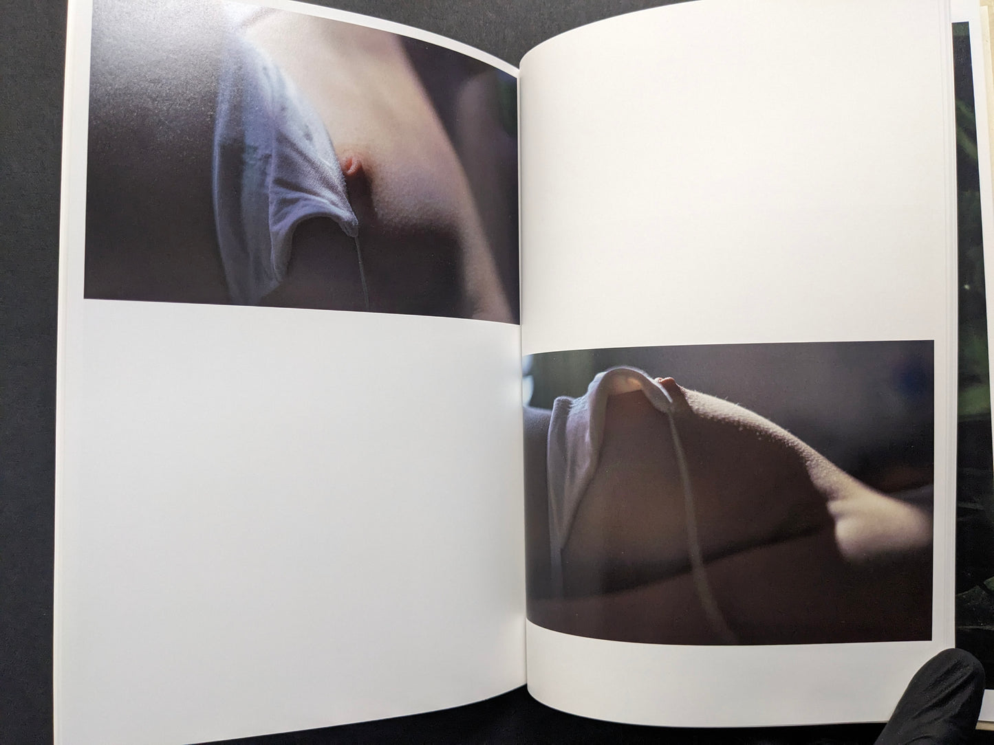 Interior spread from A Season Particular by Shen Wei, close-up body details partially covered by white fabric in daylight.