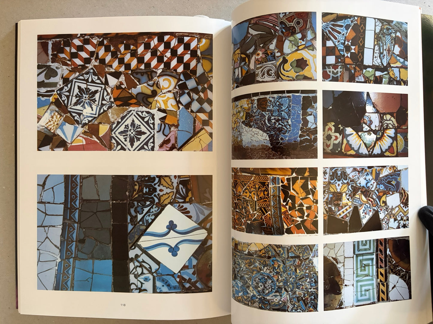 Two-page spread with dark collage-like color images, including layered figures and patterned fragments on black backgrounds.