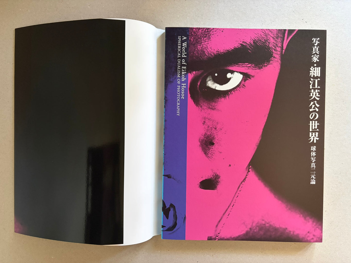 Open book showing the front cover beside the black inside cover and white endpaper.