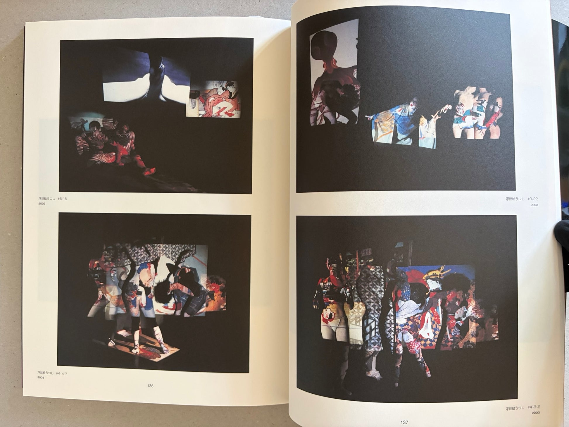 Two-page spread with dark color collages, including a figure arched over a patterned block and layered images of bodies and costumes.