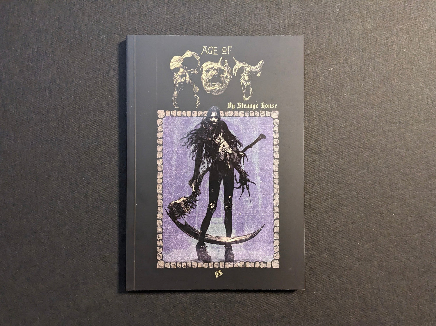 Front cover of Age of Rot by Strange House, a Hollow Press softcover reprint, with a lone figure framed by skull motifs.