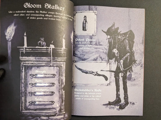 Interior spread introducing the Gloom Stalker class, with character stats, candles, and a cloaked figure holding a curved blade.