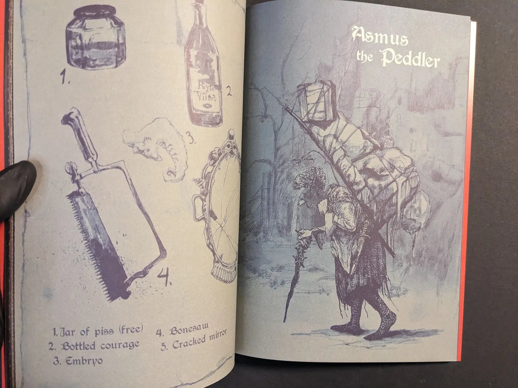 Close interior view from Age of Rot with labelled curiosities and a full illustration of Asmus the Peddler in a ruined landscape.