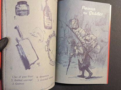 Close interior view from Age of Rot with labelled curiosities and a full illustration of Asmus the Peddler in a ruined landscape.