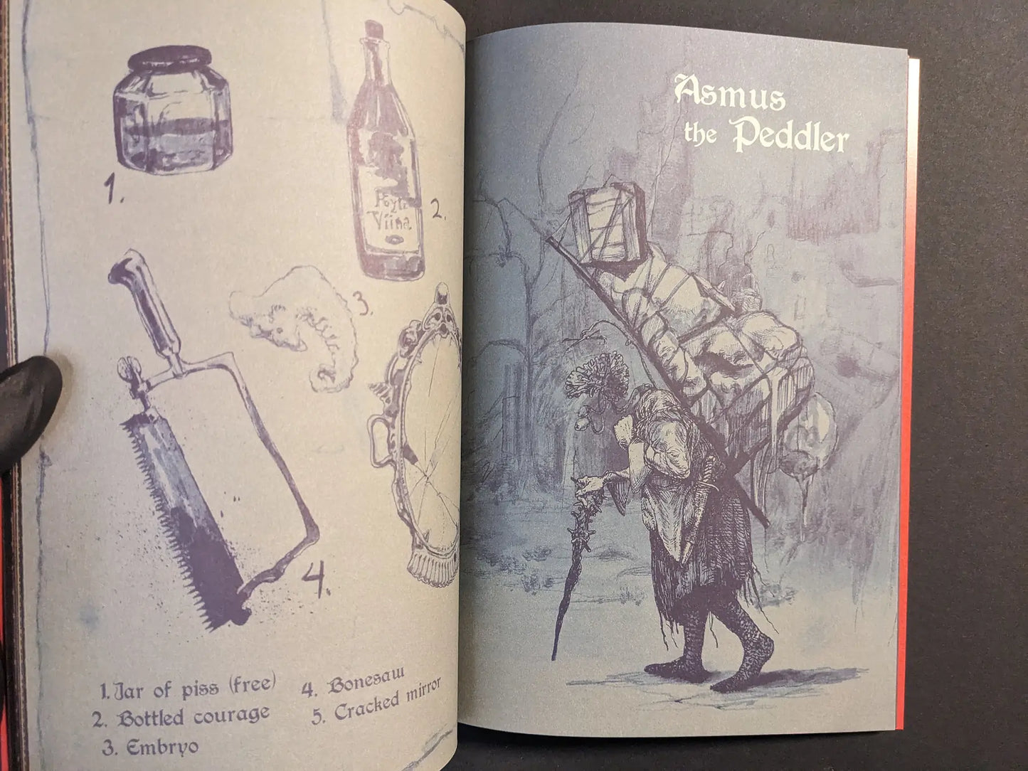 Interior spread from Age of Rot showing strange items and the hunched figure Asmus the Peddler carrying a heavy pack.
