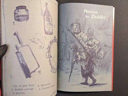 Interior spread from Age of Rot showing strange items and the hunched figure Asmus the Peddler carrying a heavy pack.