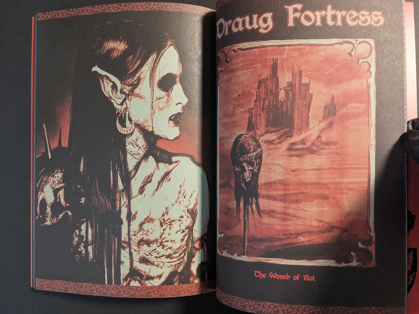 Interior spread from Age of Rot with an undead elf-like figure and the Draug Fortress rising from a desolate red landscape.