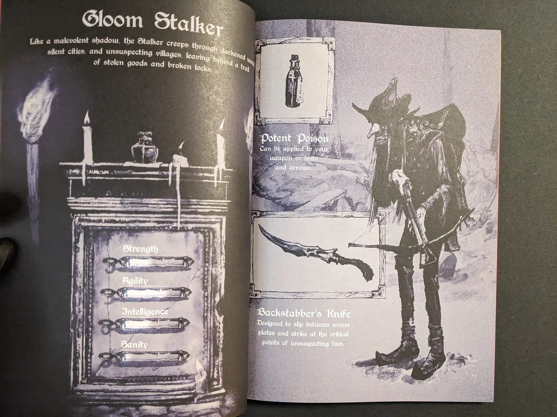 Interior spread from Age of Rot introducing the Gloom Stalker class with character stats, candles and a cloaked figure holding a curved blade.