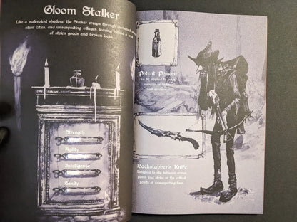 Interior spread from Age of Rot introducing the Gloom Stalker class with character stats, candles and a cloaked figure holding a curved blade.