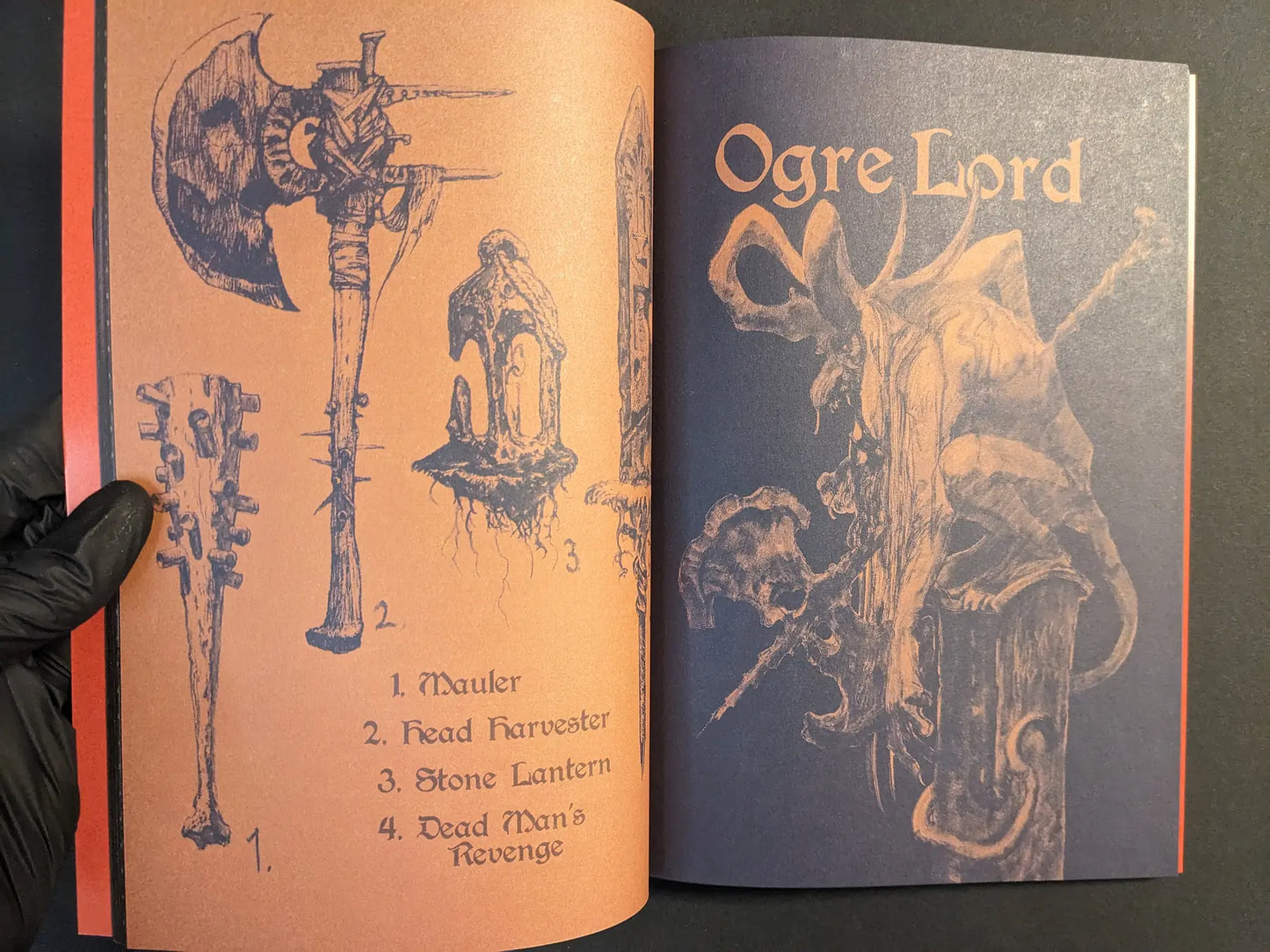 Interior spread from Age of Rot showing illustrated fantasy weapons on one page and the towering Ogre Lord on the facing page.