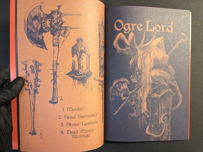 Interior spread from Age of Rot showing illustrated fantasy weapons on one page and the towering Ogre Lord on the facing page.