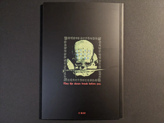 Back cover of Age of Rot by Strange House (Hollow Press softcover) with green skull, dagger and the line “May the dawn break before you.”