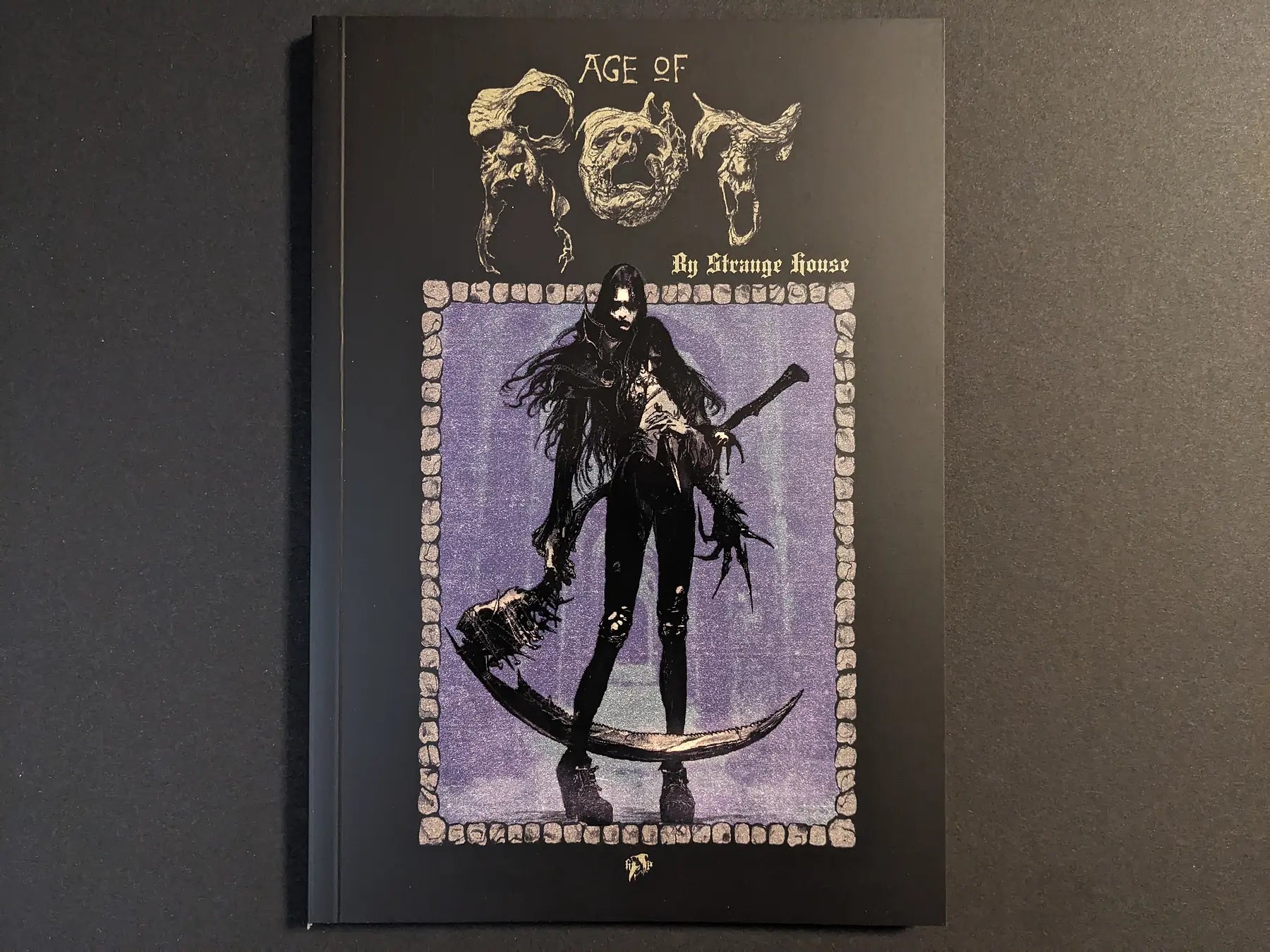 Front cover of Age of Rot by Strange House showing a dark fantasy warrior with scythe and sword framed by a purple stone border.