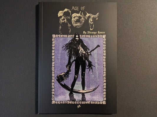 Front cover of Age of Rot by Strange House showing a dark fantasy warrior with scythe and sword framed by a purple stone border.