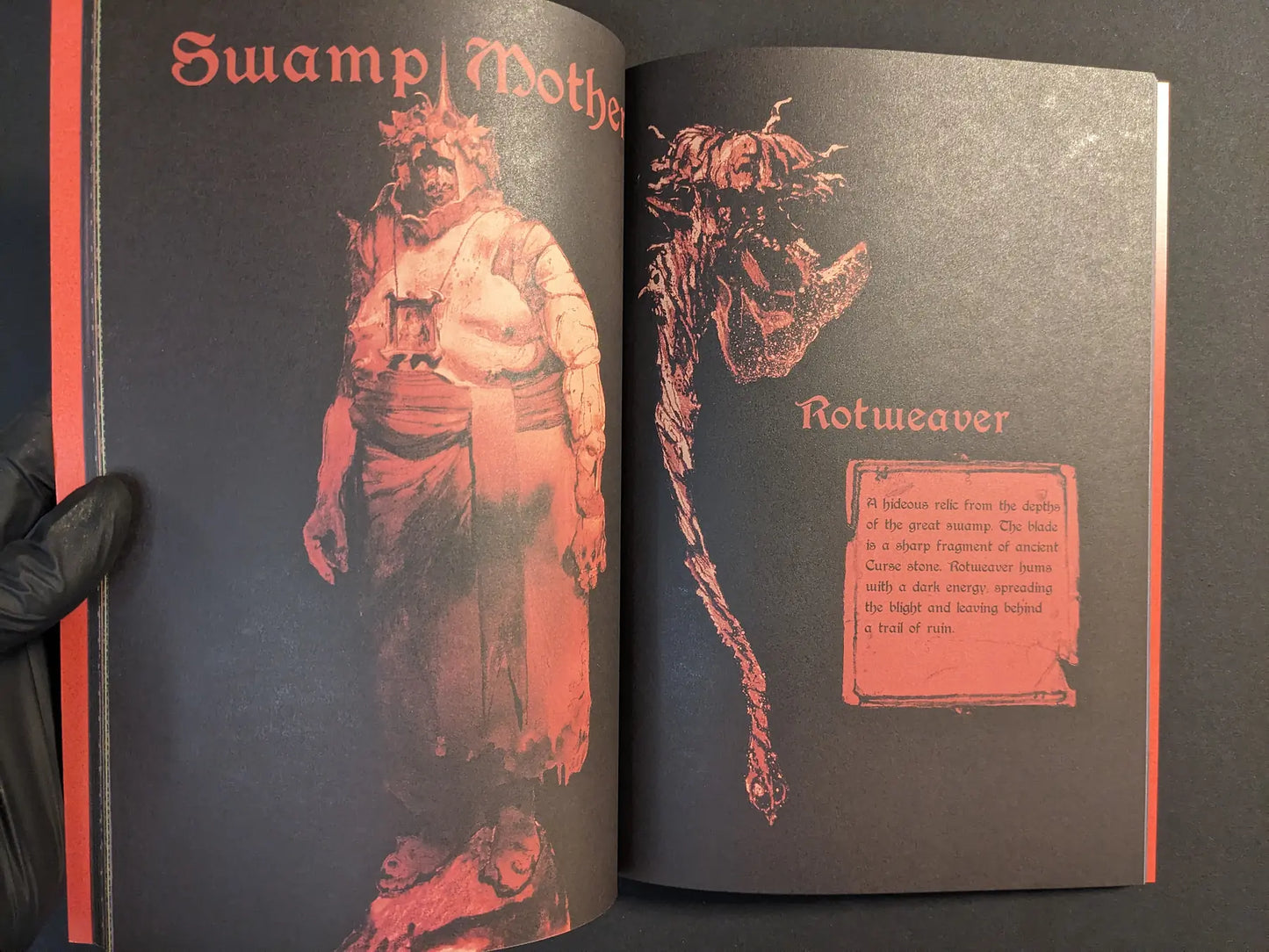 Interior spread featuring the Swamp Mother and the Rotweaver blade in red-toned illustrations.