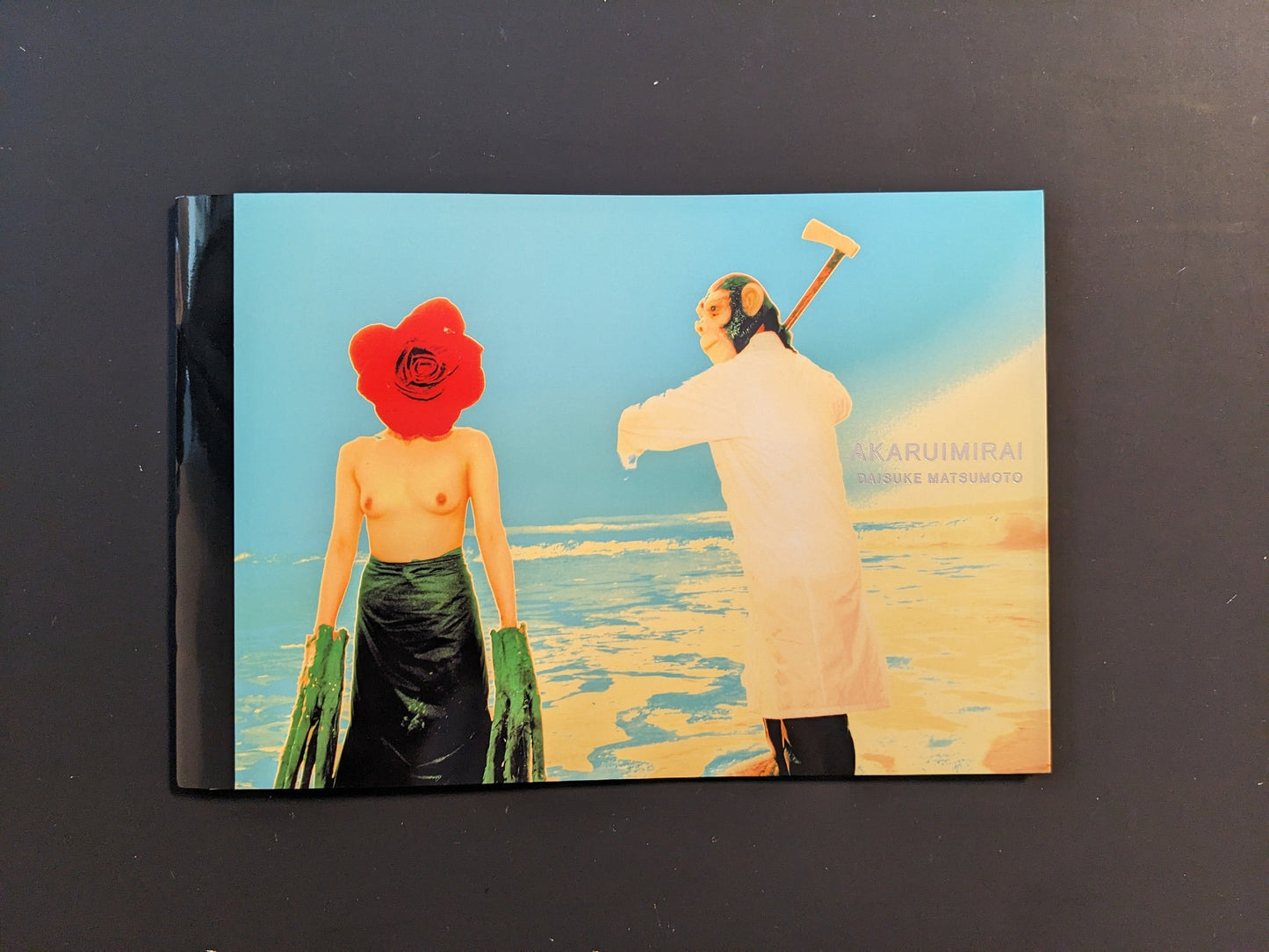 Cover of the photobook “AKARUIMIRAI” by Daisuke Matsumoto showing a topless woman with a red flower head and a man in a white coat standing on the beach in saturated colours.