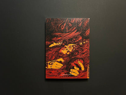 Back cover of Akutezoïde, featuring a red and black illustration with a face and hands emerging from swirling forms.