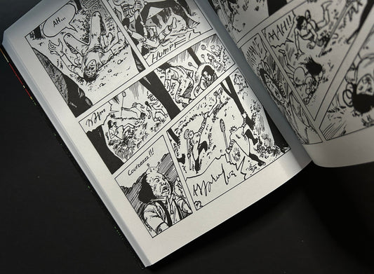 Open black-and-white comic spread showing several panels with figures in motion and handwritten sound effects.