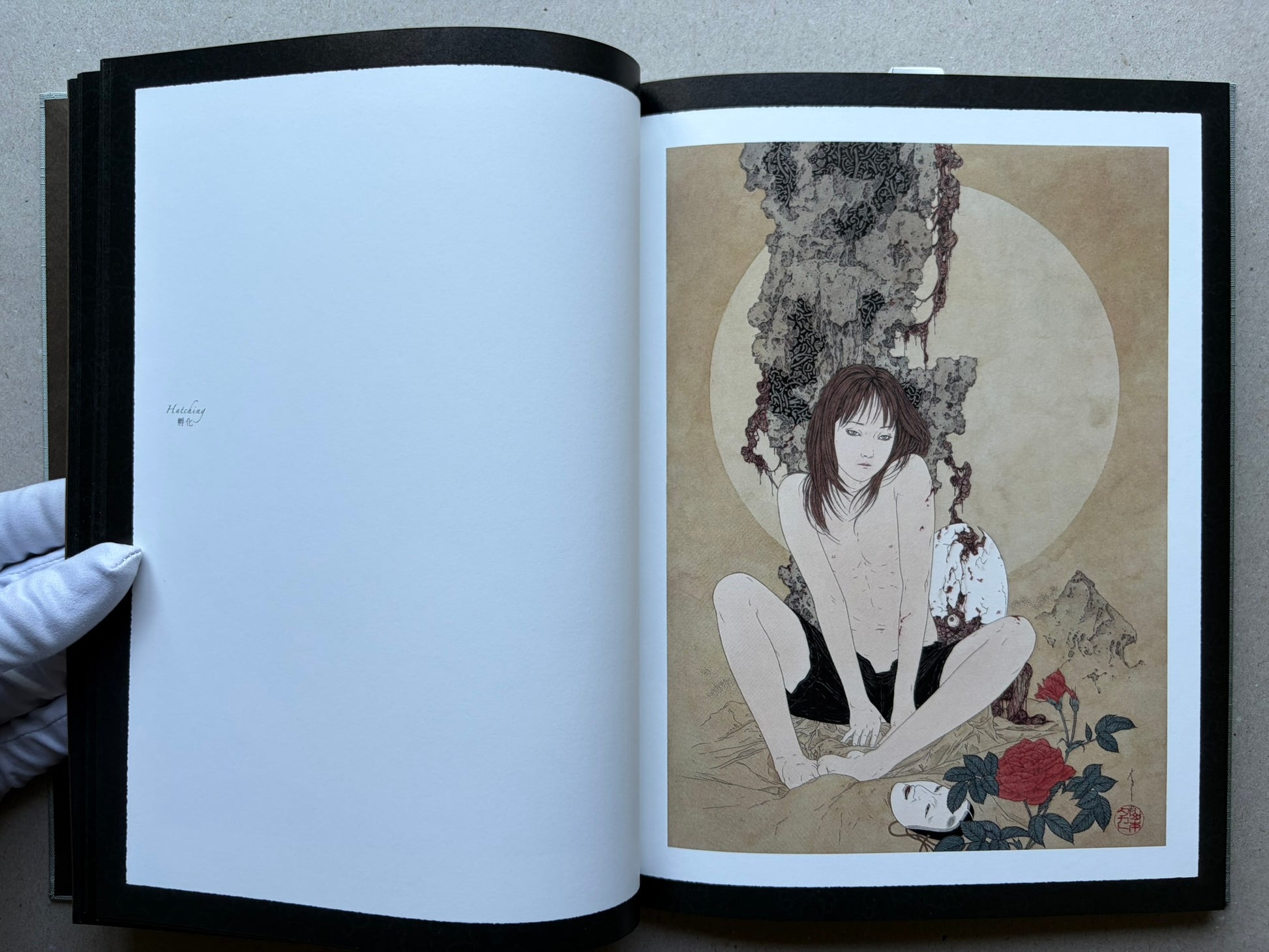 Allure of Pharmakon by Takato Yamamoto, interior spread with a seated figure and dark facing page