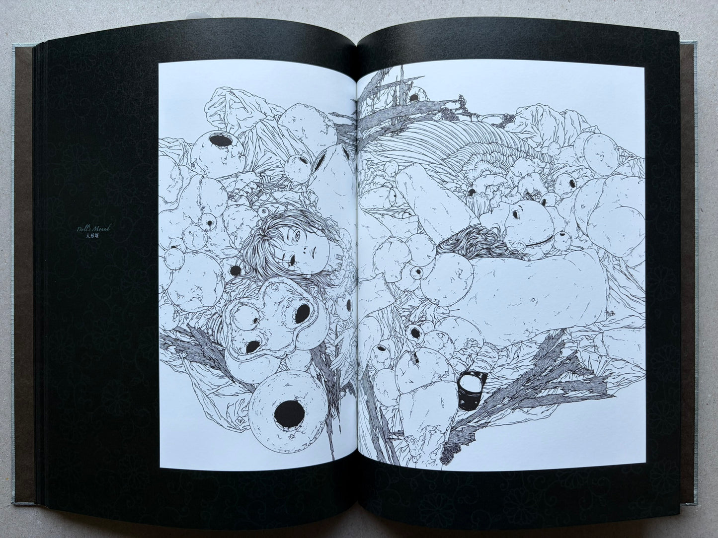 Allure of Pharmakon by Takato Yamamoto, colour illustration spread with two framed portraits