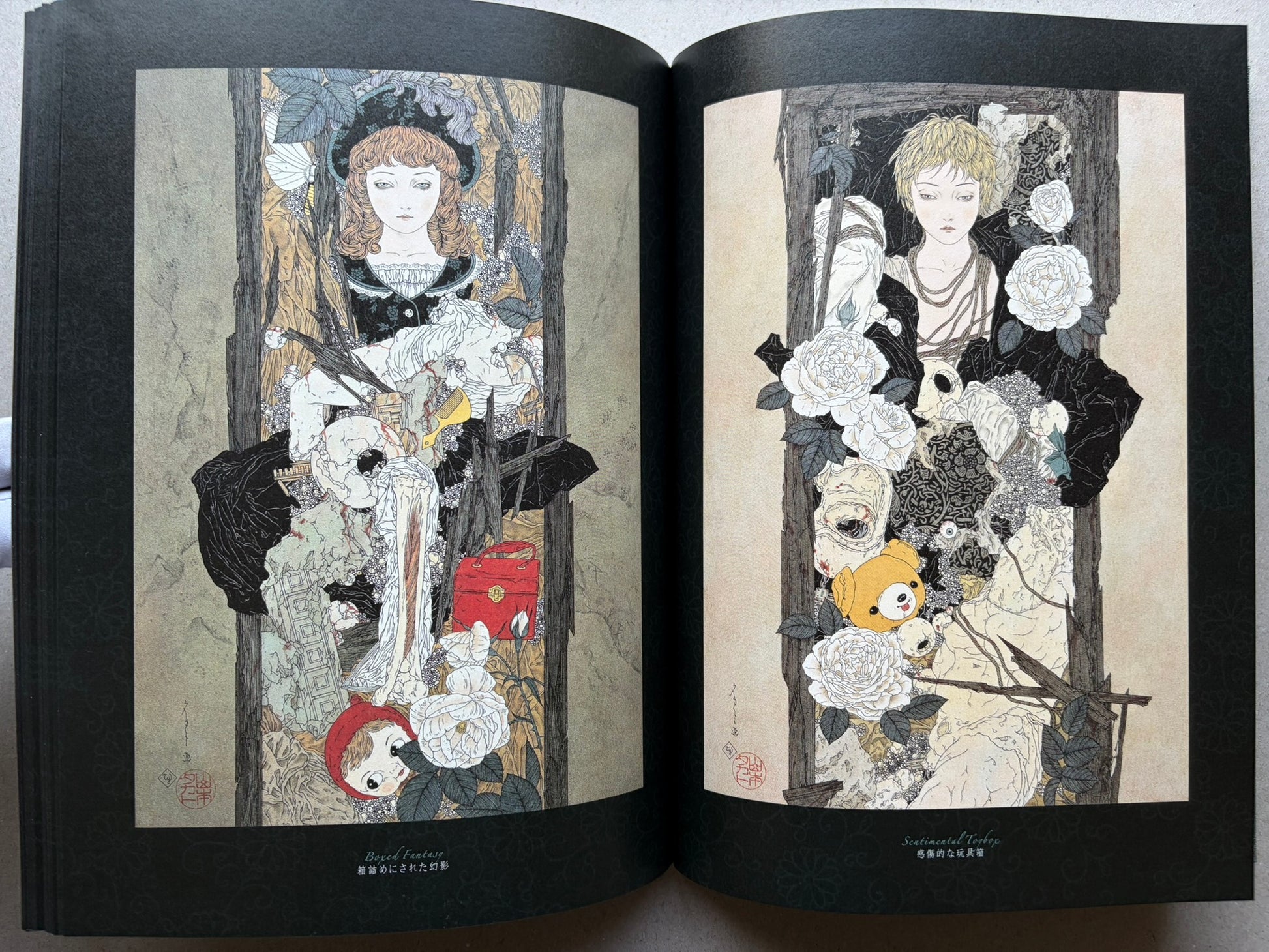 Allure of Pharmakon by Takato Yamamoto, interior spread with two vertical illustrations