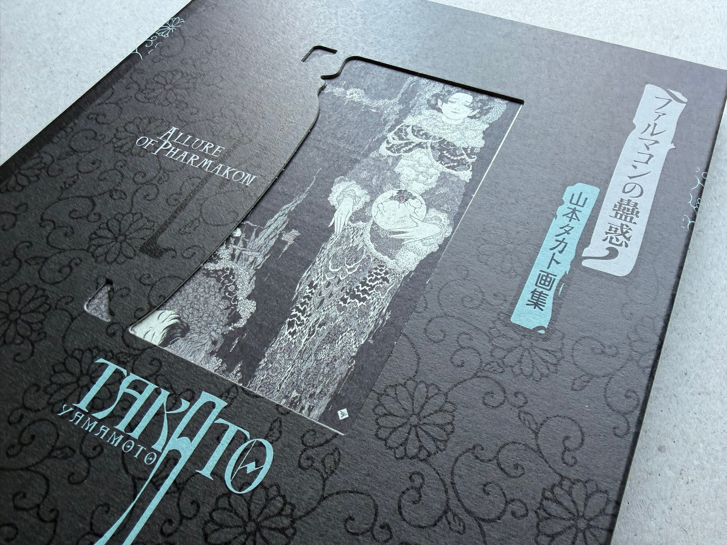 Allure of Pharmakon by Takato Yamamoto, close view of the black patterned sleeve and cover window