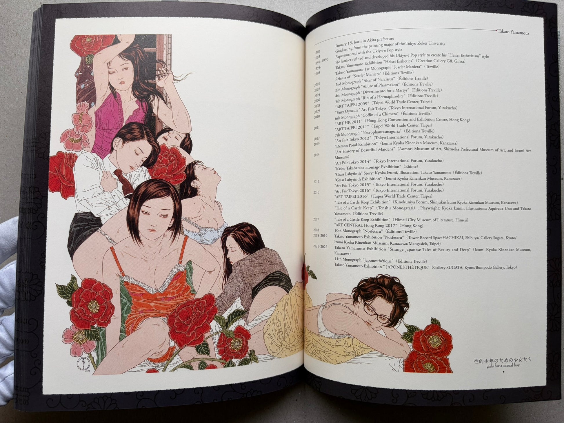 Altar of Narcissus by Takato Yamamoto, New Black Edition, illustrated spread with artist chronology page