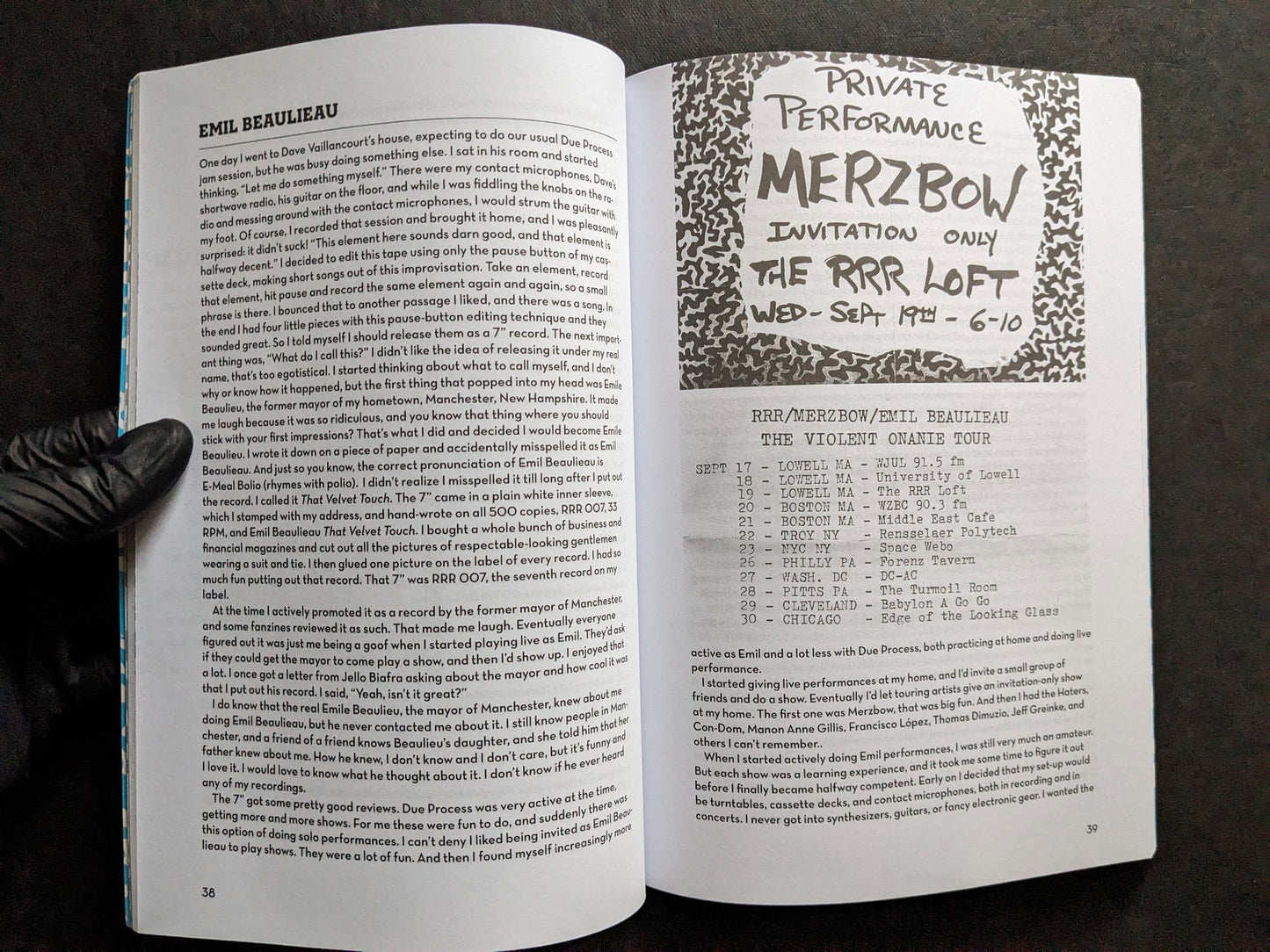Interior spread of America's Greatest Noise with a chapter on Emil Beaulieau and a Merzbow private performance flyer.