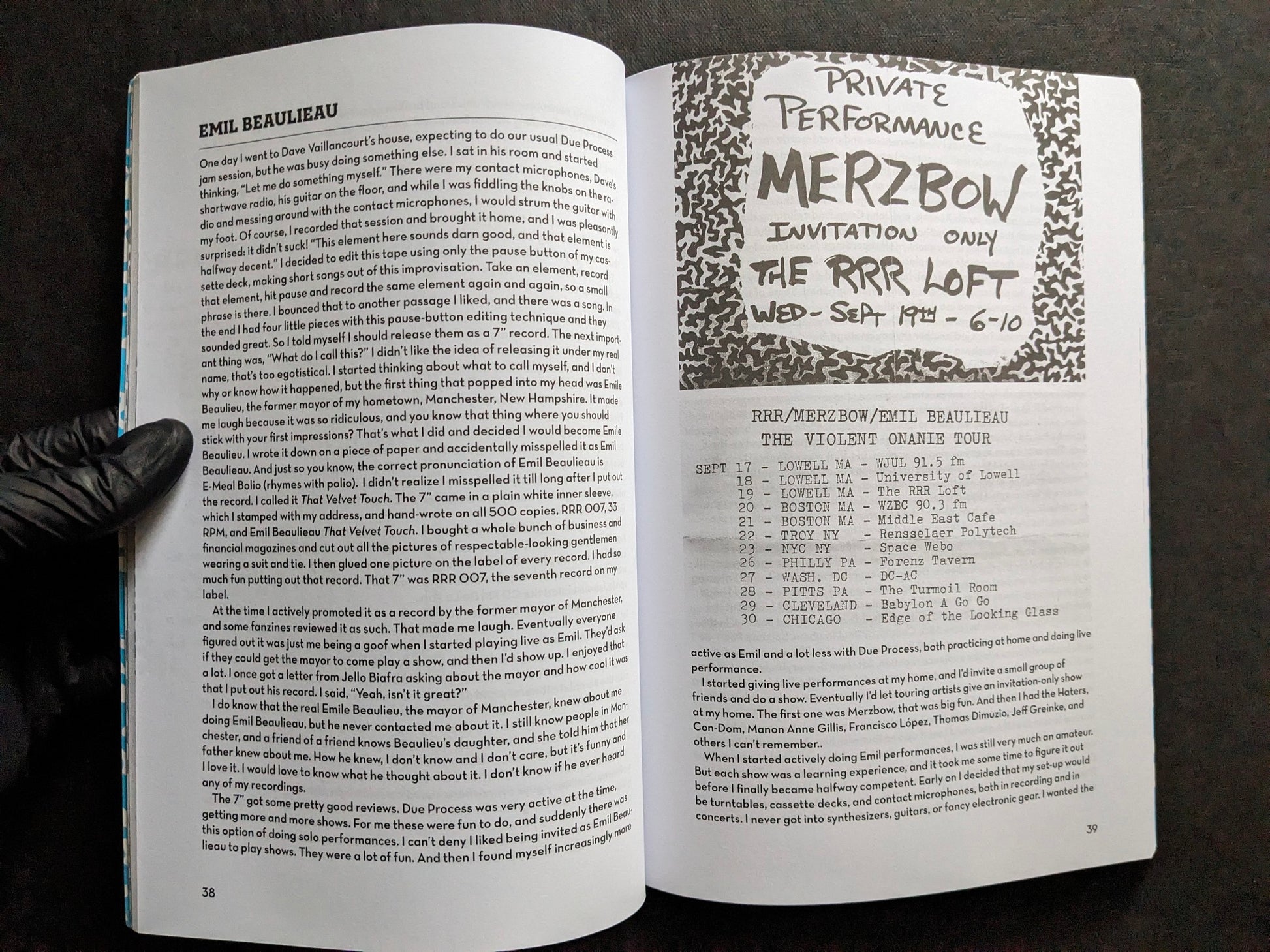 Interior spread of America's Greatest Noise with a chapter on Emil Beaulieau and a Merzbow private performance flyer.