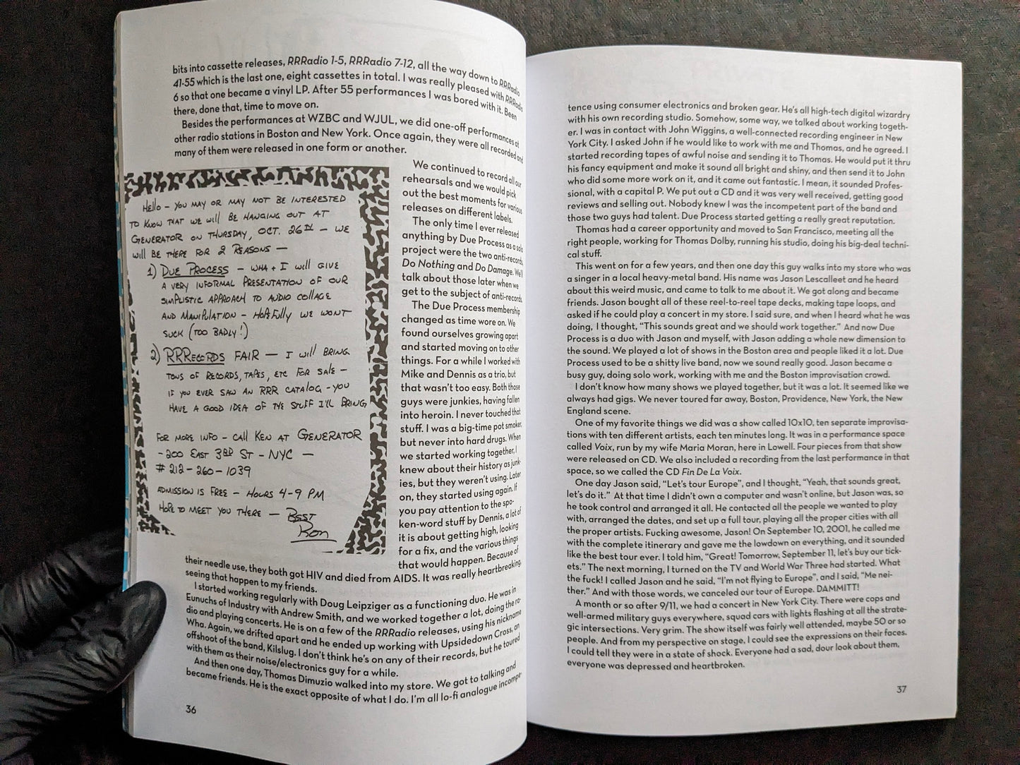 Interior spread of America's Greatest Noise with a handwritten RRRecords note and text on Due Process and live performances.
