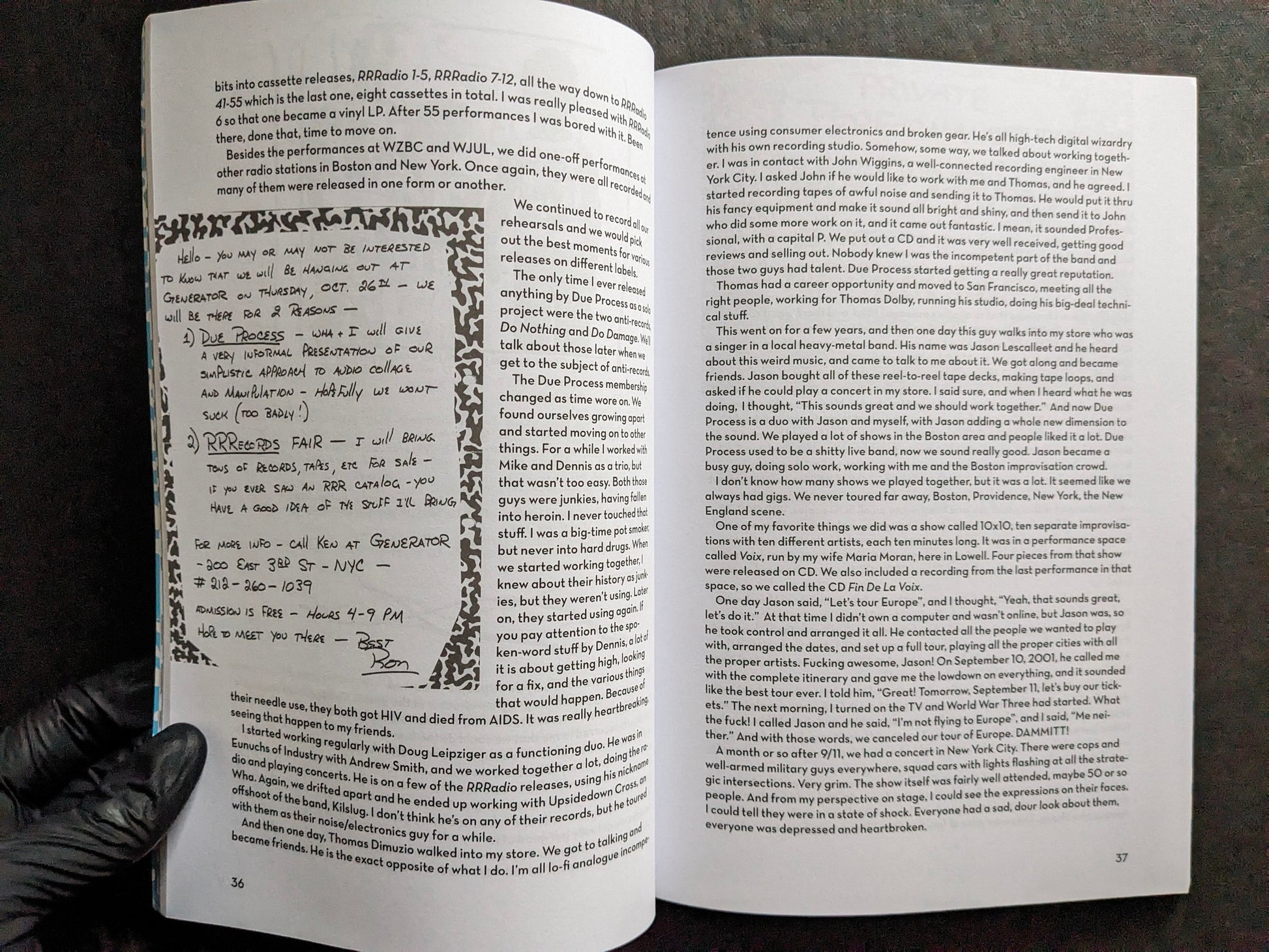 Interior spread of America's Greatest Noise with a handwritten RRRecords note and text on Due Process and live performances.
