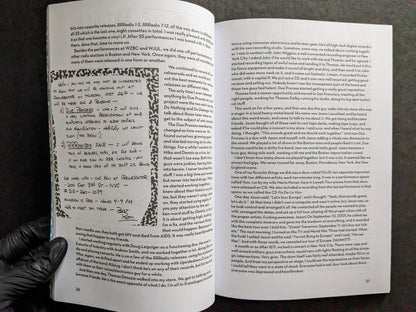 Interior spread of America's Greatest Noise with a handwritten RRRecords note and text on Due Process and live performances.