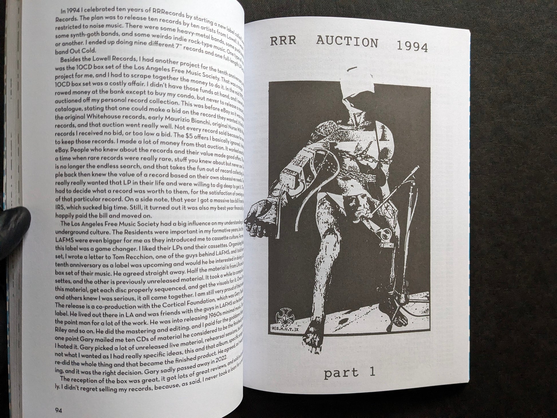 Interior spread of America's Greatest Noise with text on RRRecords and a full-page RRR Auction 1994 image.