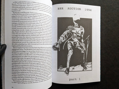 Interior spread of America's Greatest Noise with text on RRRecords and a full-page RRR Auction 1994 image.