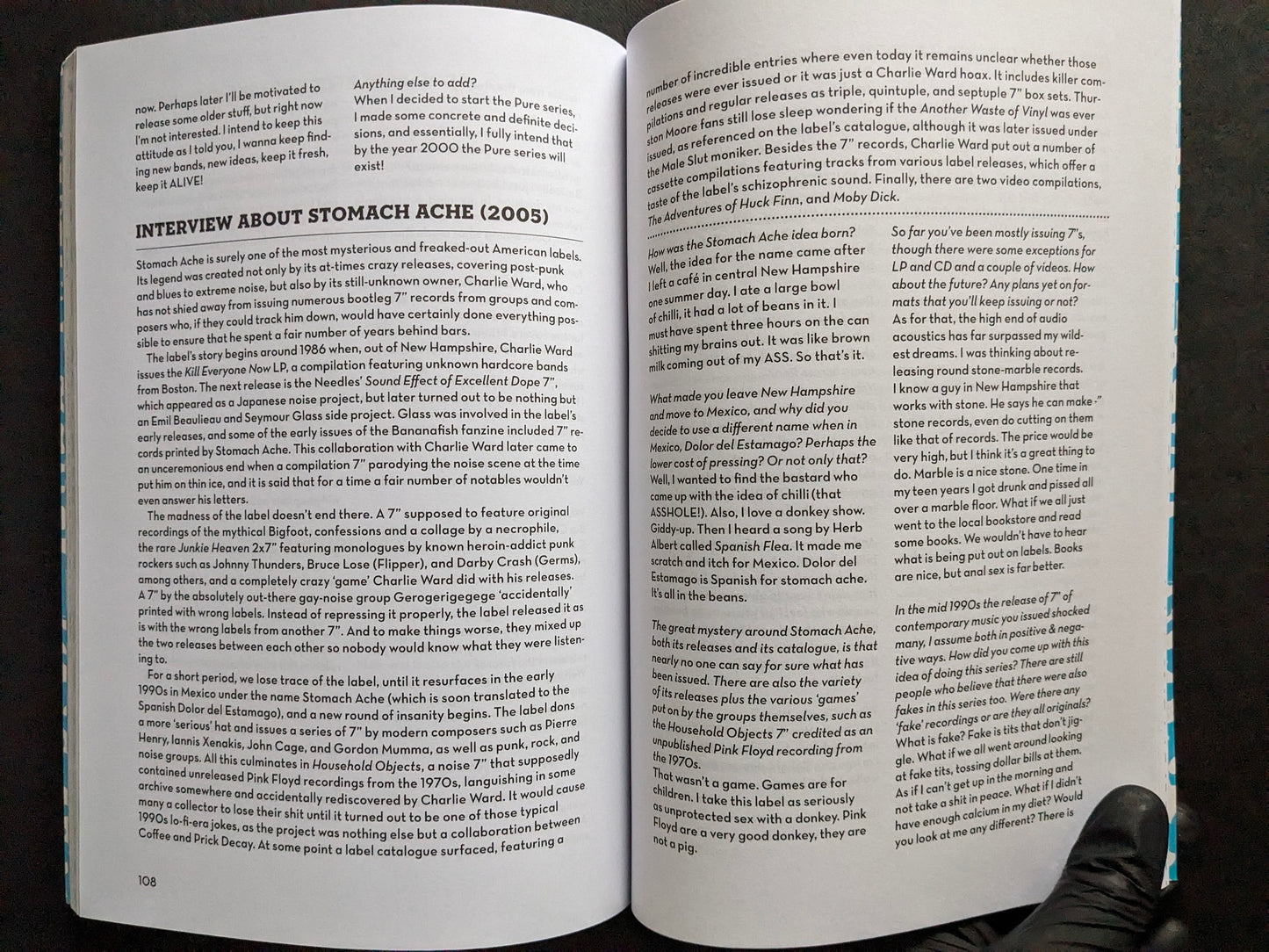 Interior spread of America's Greatest Noise with an interview about the Stomach Ache label.